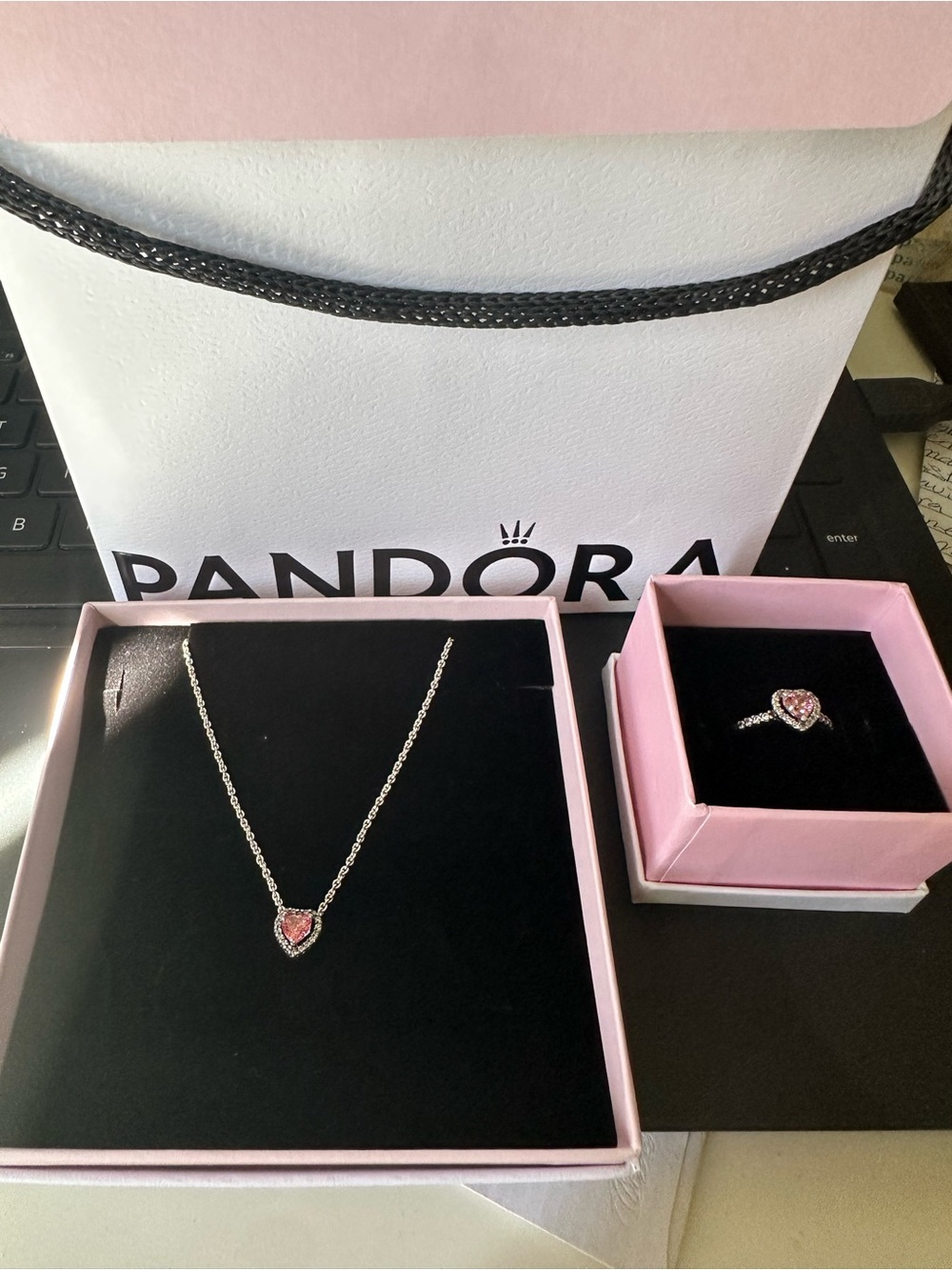 Pandora Silver Necklace and Ring Set with Pink Heart Stones